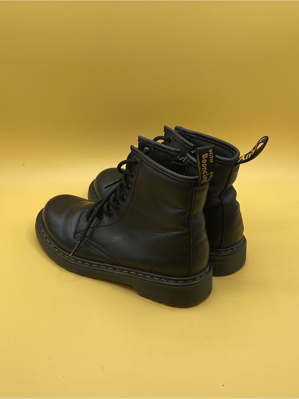 Dr. Martens Black Leather Lace-Up Combat Boots with Yellow Stitching Tag - Picture 3 of 4